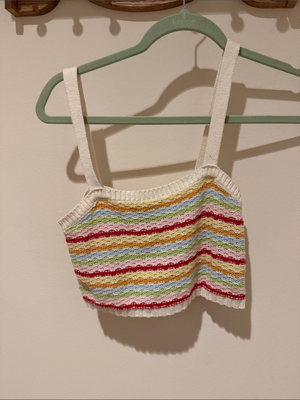 Kensie Cream Knit Cropped Tank with Rainbow Stripes